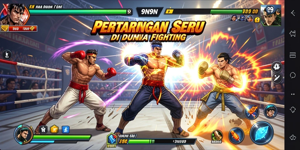 Screenshot gameplay 9N9N menampilkan pertarungan epik antar karakter.