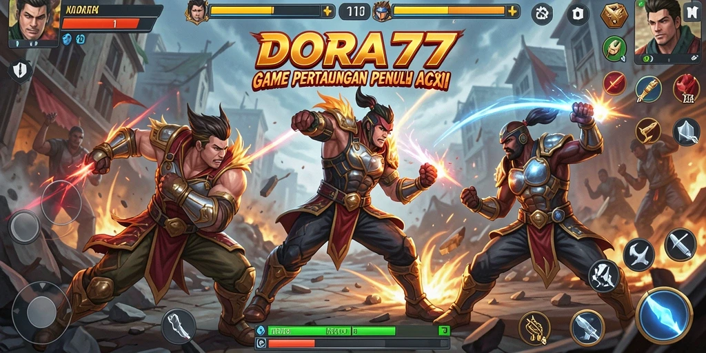 Tangkapan layar DORA77 menampilkan karakter bertarung di arena yang dinamis.