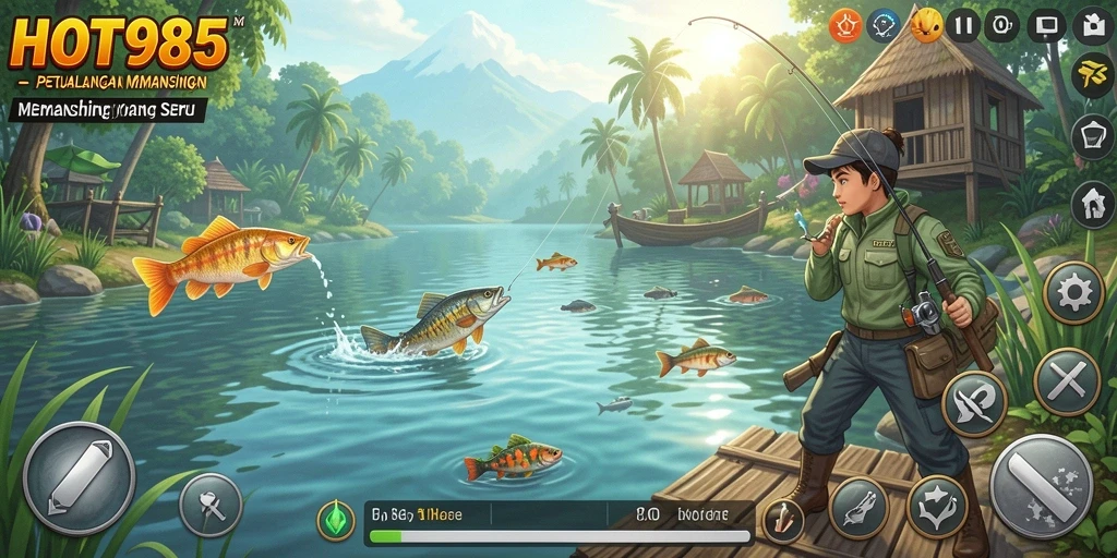 Screenshot utama dari gameplay HOT985 yang menunjukkan aksi memancing yang menegangkan.
